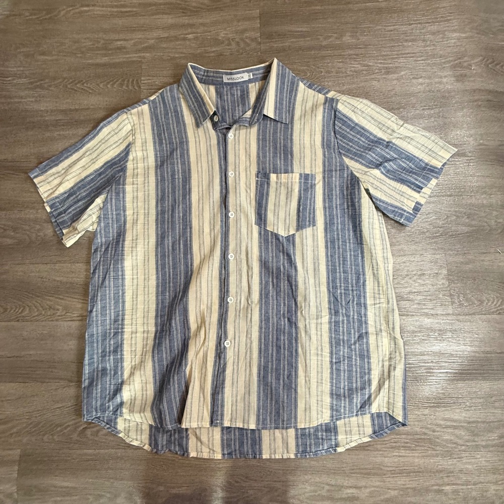 Misslook Women 2XL Blue White Striped Linen Short Sleeve Button Down Shirt Top